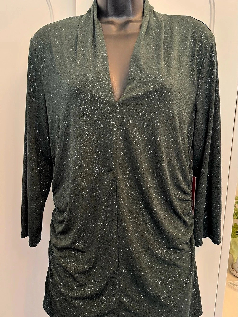 Vince Camuto L Forest Green Glitter Ruched V Neck Long Sleeve Top NWT Party